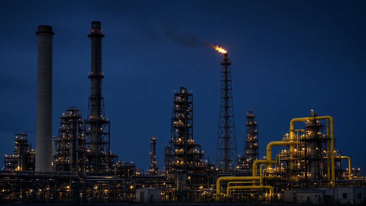 Refinery stack, flare, and sulfur recovery area at dusk