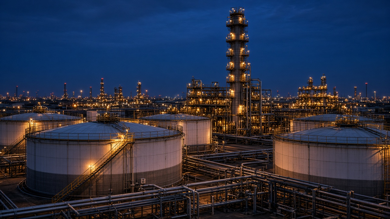 Crude tank farm and atmospheric column at a gasoline-producing refinery