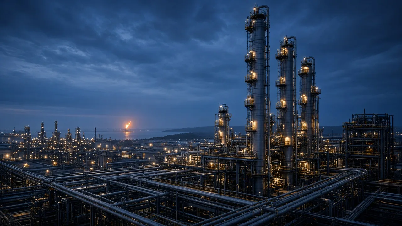 Atmospheric distillation columns at a petroleum refinery at dusk