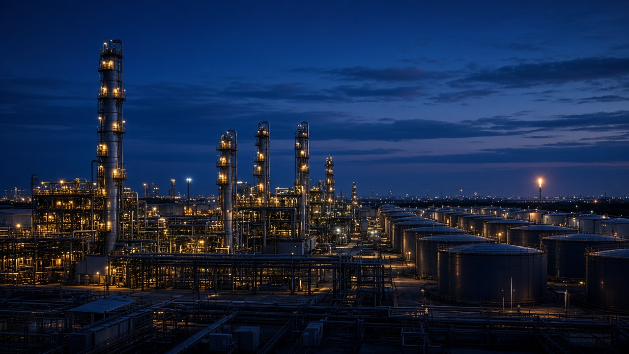 Gasoline-producing refinery units, treating area, and tank farm at dusk