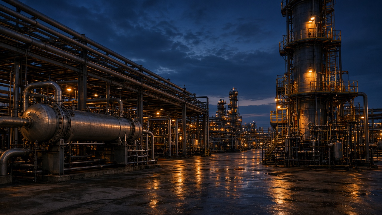 Heat exchangers, pipe racks, and column base on a gasoline-producing unit