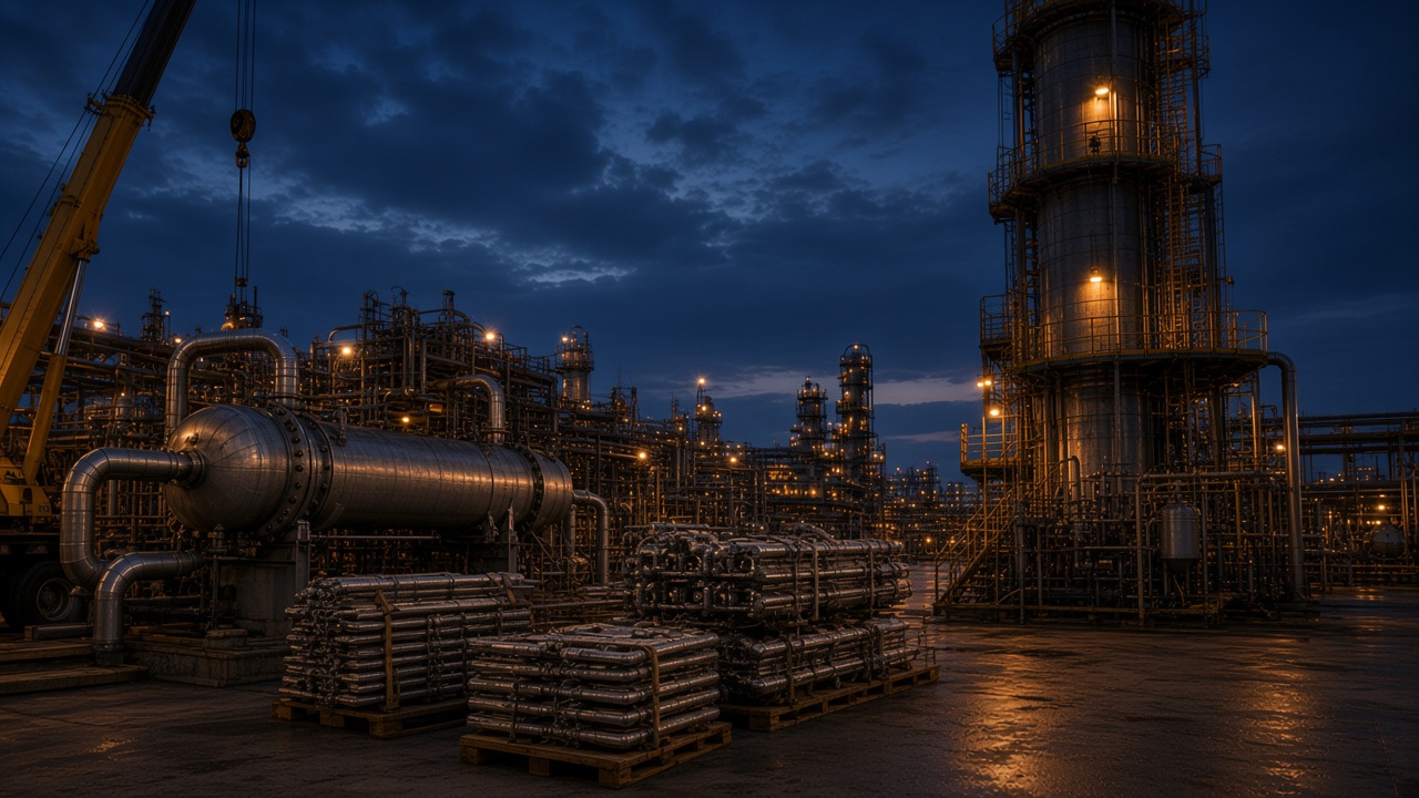 Atmospheric distillation column in scaffolding during a turnaround at a gasoline-producing refinery